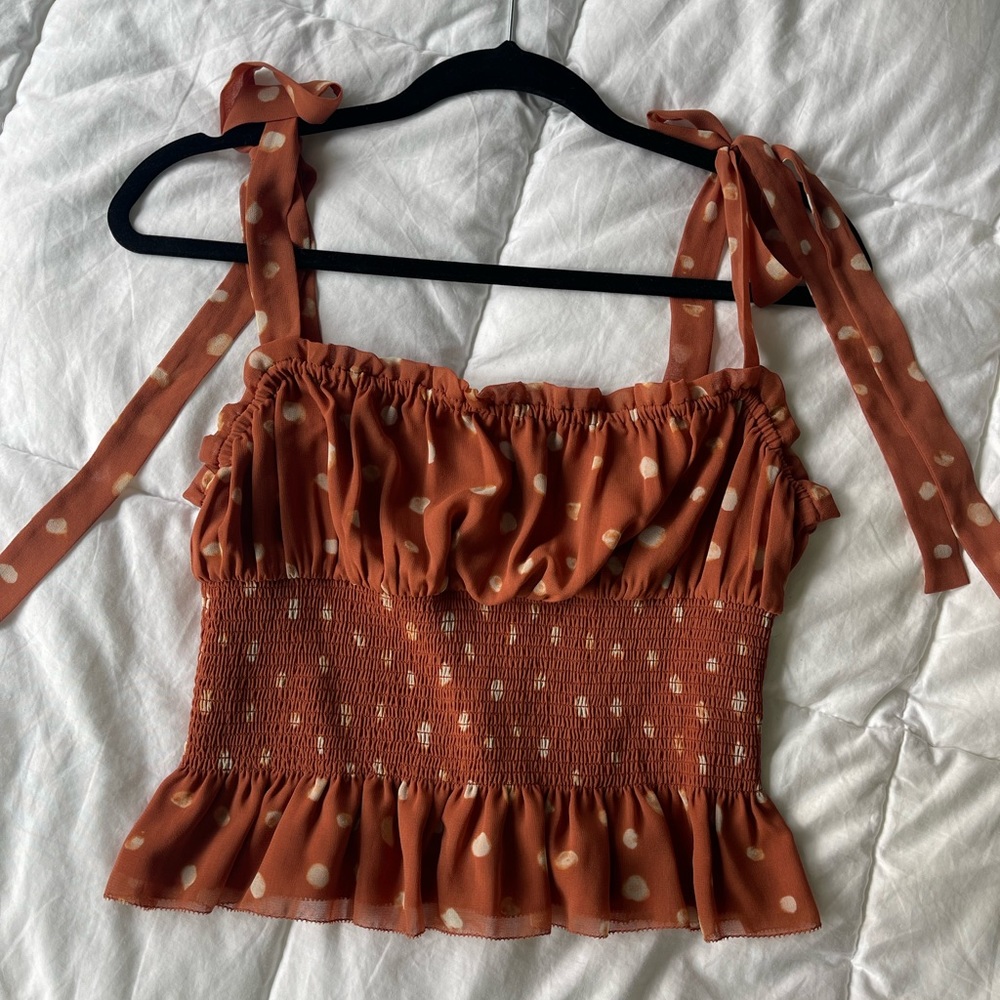 Wilfred silk organ orange polka-dot tank
